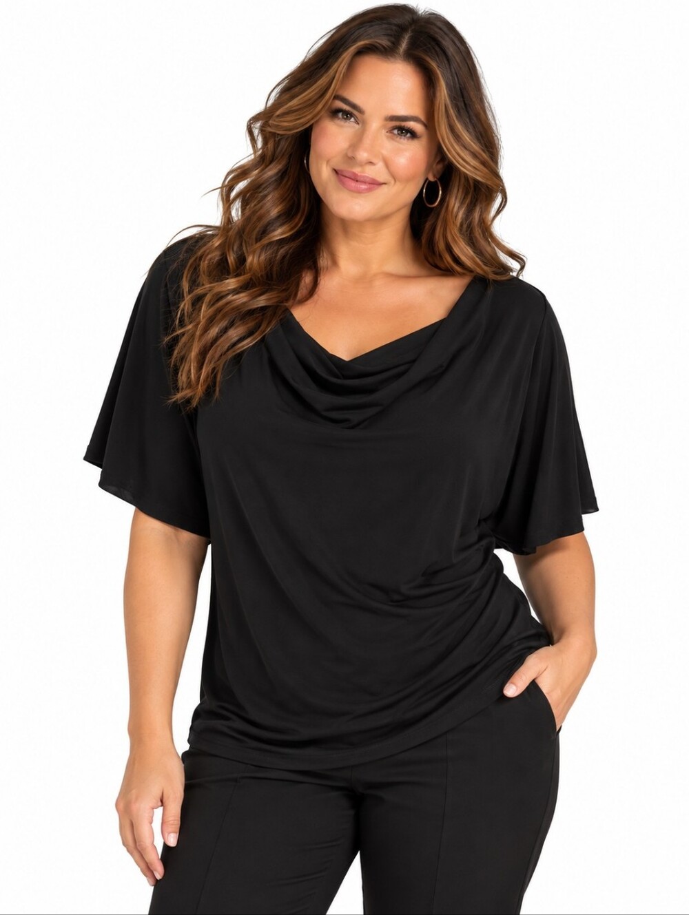 Tahari Woman Black Cowl Neck Dolman Sleeve Stretch Top 1X